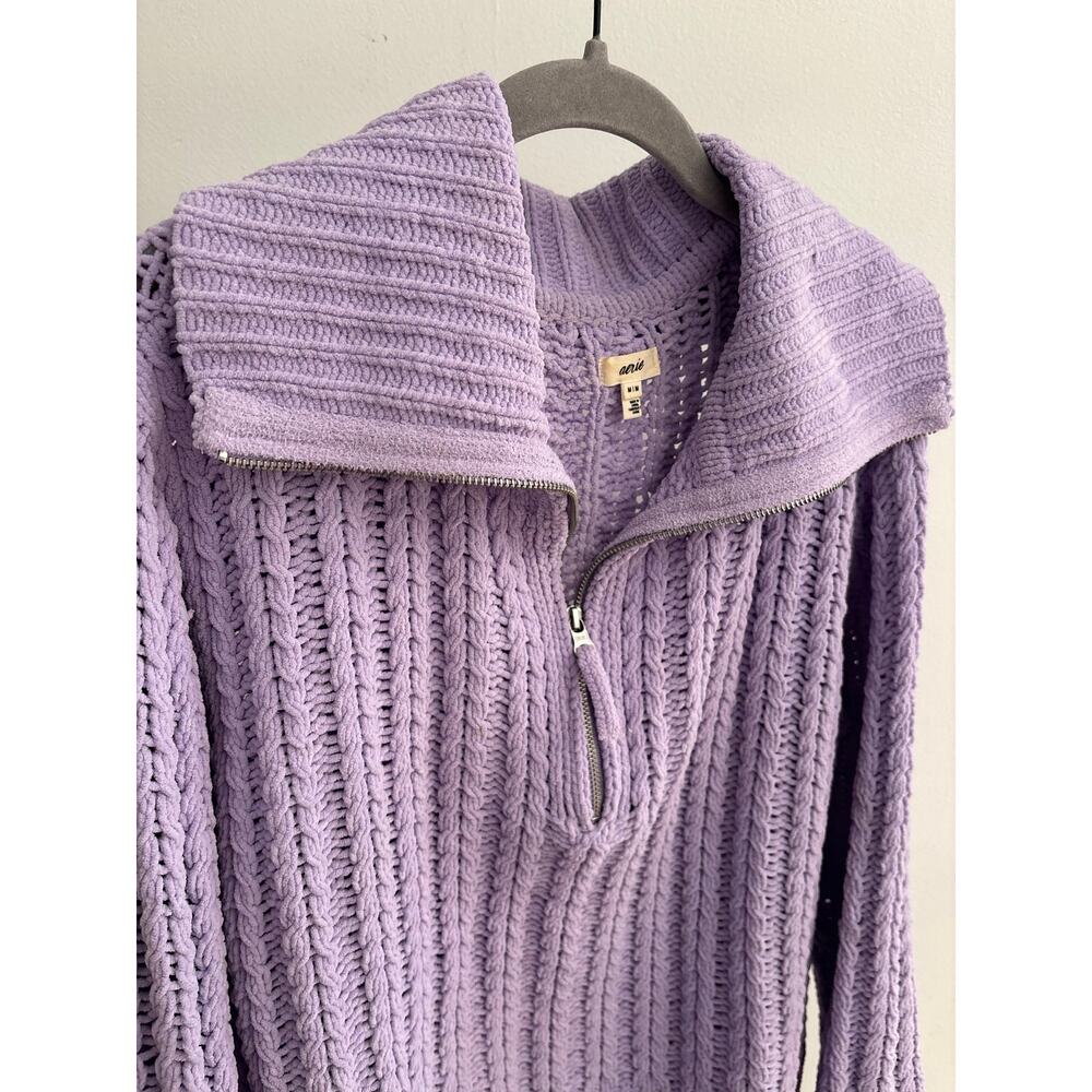 Aerie Lavender Cable Knit Quarter Zip Sweater Oversized Mock Neck Pullover - Picture 5 of 11
